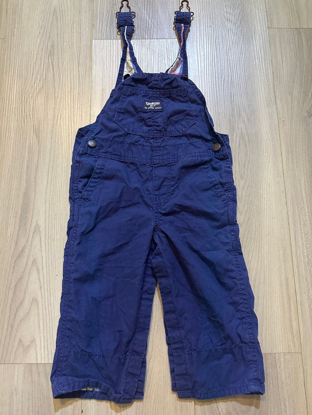 OshKosh B'gosh Toddler Overalls 18M Navy Blue Cotton Plaid Trim Inseam Snaps